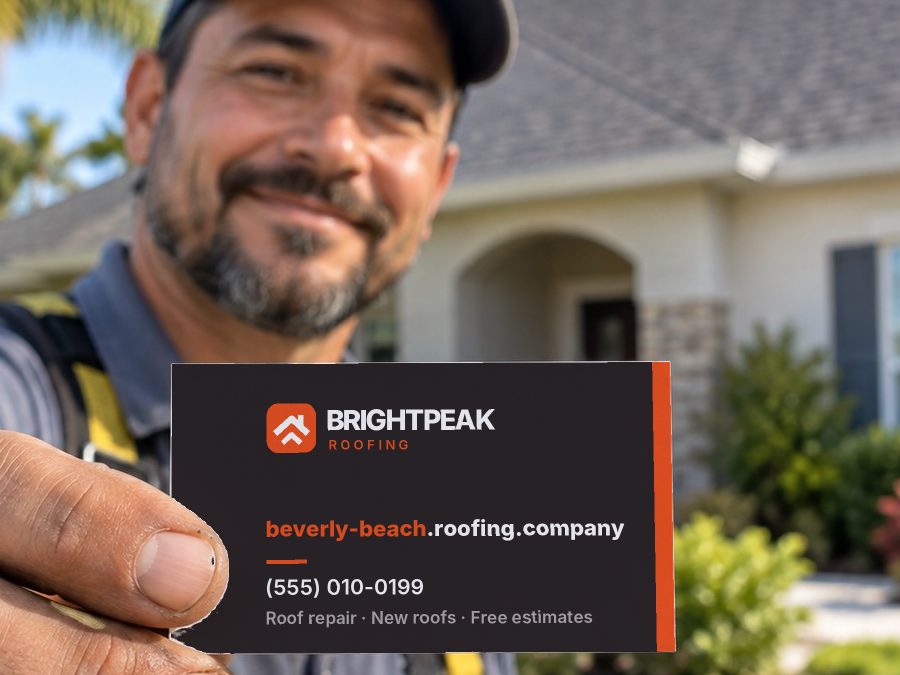 beverly-beach.roofing.company on a roofer's business card