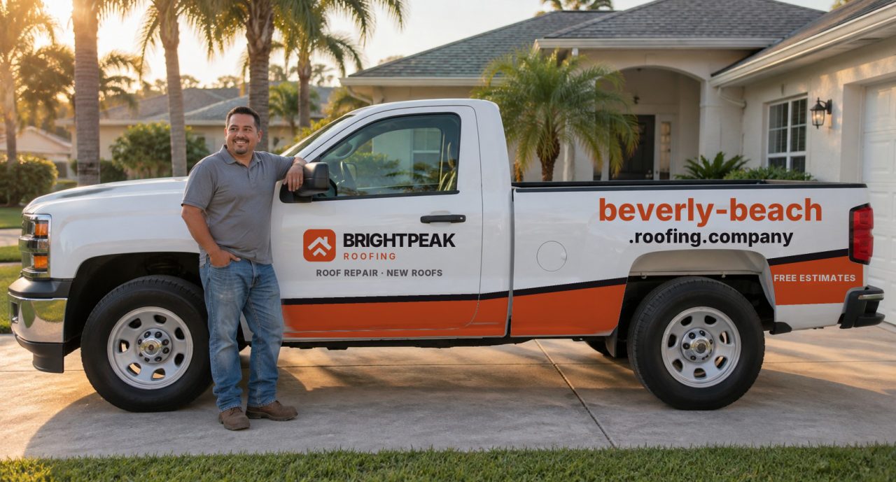 beverly-beach.roofing.company painted on the side of a white work truck