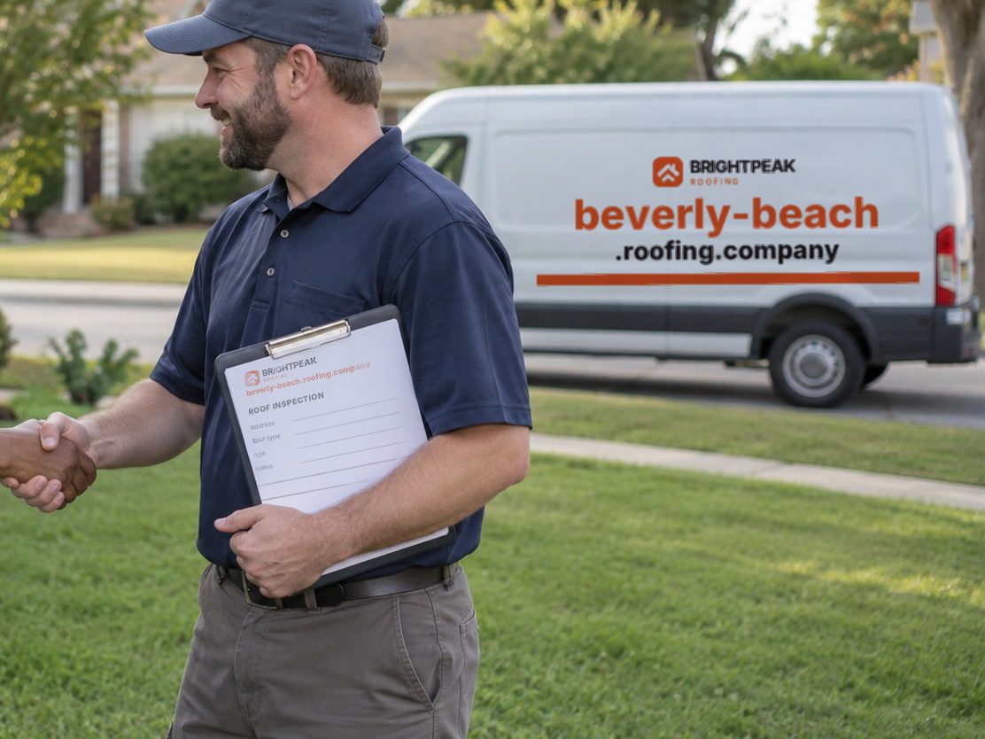 beverly-beach.roofing.company on a roofing van and an inspection form